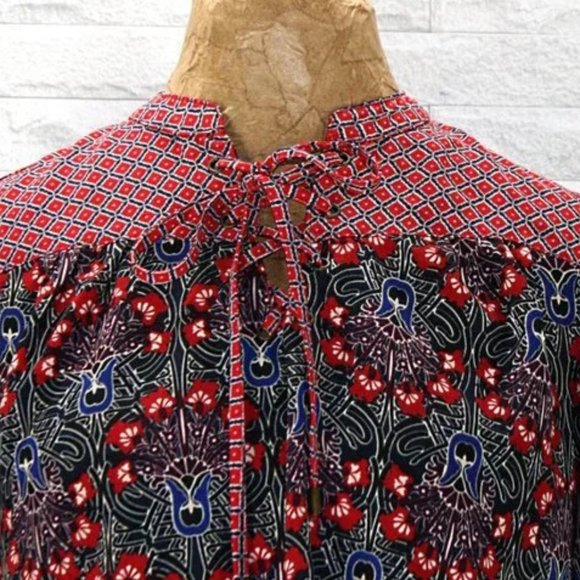 CATO Blouse Lace Up Red Floral Patchwork Long Sleeve Tunic Small - Picture 2 of 11